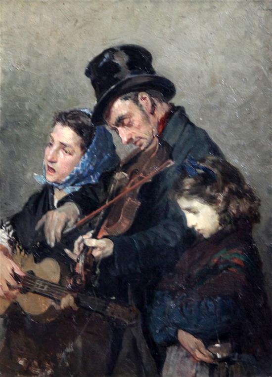 Lorenzo Valles (Spanish, 1830-1910) Street musicians, 9.5 x 7in.